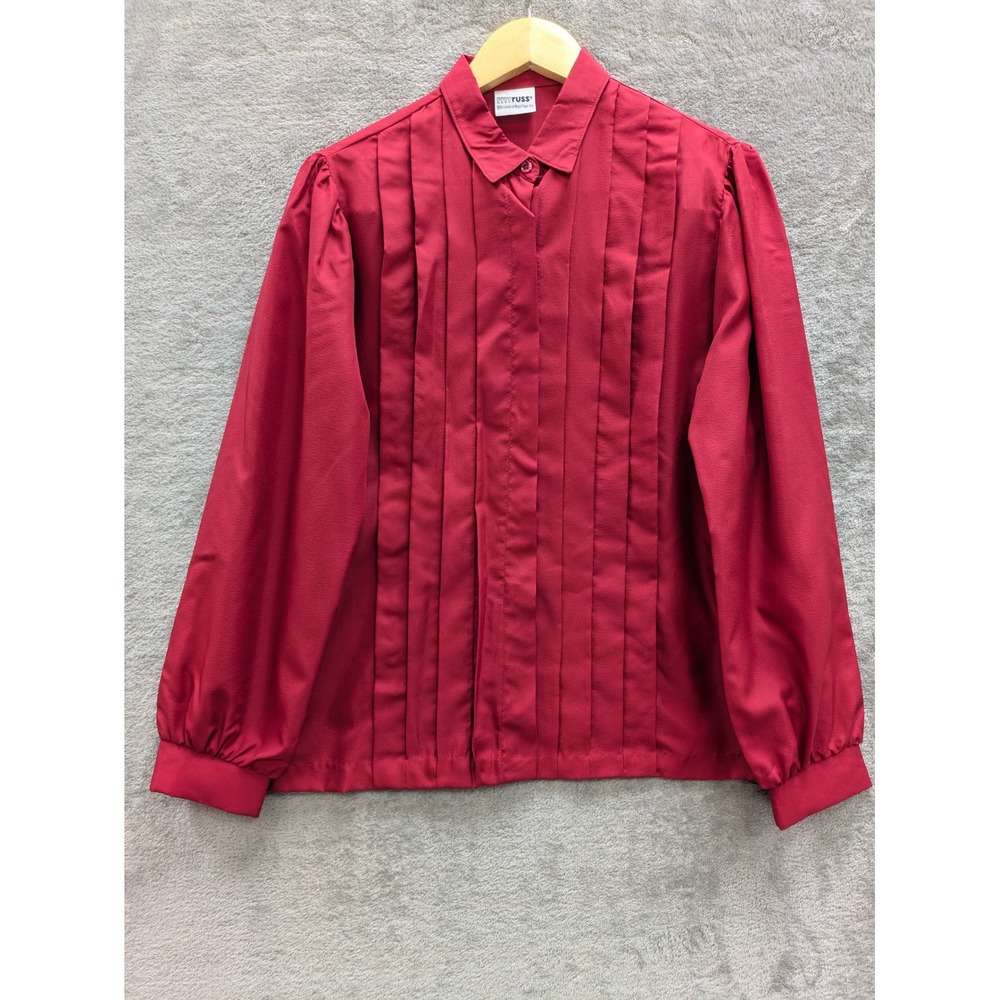 Vintage 80s Russ Pleated Blouse Women Medium Red Long Puff Sleeve Union Made